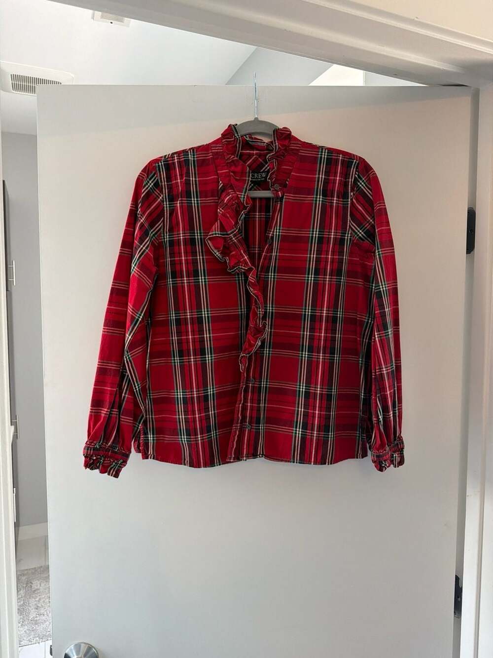 J.Crew Cottage Top in Organic Cotton Plaid Poplin with Ruffle Neck